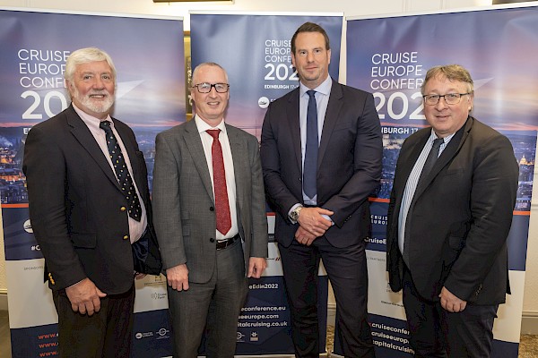 Cruise Europe Conference in Edinburgh: fourth time lucky, cruiseline executives and the press came together in numbers to discuss the new world order: post the Covid pandemic. L-R: Michael McCarthy chairman Cruise Europe, Stuart Wallace, Rob Mason and Jens Skrede (c) Forth Ports Ltd/Devlin Photo Ltd (Image - June 2022)