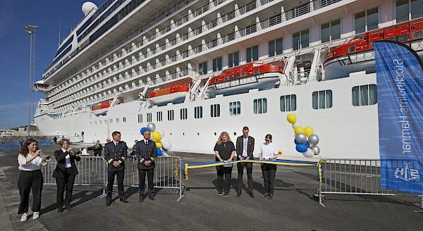 Oceania Cruises' Marina at the official inauguration of quay F655: Stefan Scheja and colleagues cutting the ribbon. (c) Ports of Stockholm (Image at LateCruiseNews.com - January 2023)